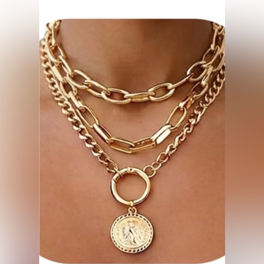 Vintage 24k Gold  Plated Layered Necklace Trendy Chunky Cuban Link Paperclip Cha